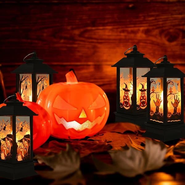 4 dele Halloweenlygte LED-dekoration Hængende lyslygte Græskar Krage Heks Spøgelse Håndmønster