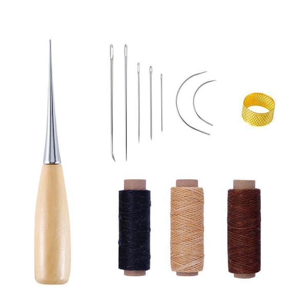 12 Pieces Leather Craft Tool Kit Sewing Needles Waxed Thread Sewing Awl Thimble DIY Leather
