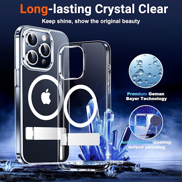 Magneettinen iPhone 16 Pro Max -kotelo, [Sisäänrakennettu näkymätön jalusta][Yhteensopiva MagSafe-tekniikan kanssa] [Sotilastason iskunkestävä] Ohut läpikuultava Clear-Stand iPhone 15 Pro Max
