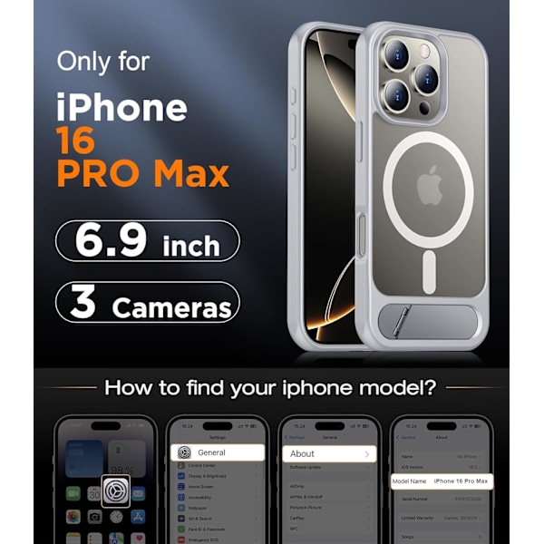 Magneettinen iPhone 16 Pro Max -kotelo, [Sisäänrakennettu näkymätön jalusta][Yhteensopiva MagSafe-tekniikan kanssa] [Sotilastason iskunkestävä] Ohut läpikuultava Silver for iPhone 16 Pro Max 6.9"