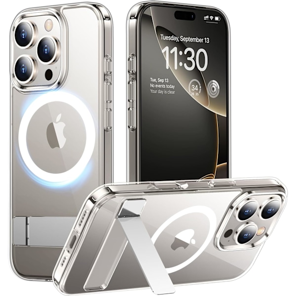 Magneettinen iPhone 16 Pro Max -kotelo, [Sisäänrakennettu näkymätön jalusta][Yhteensopiva MagSafe-tekniikan kanssa] [Sotilastason iskunkestävä] Ohut läpikuultava Clear-Stand for iPhone 16 Pro 6.3"