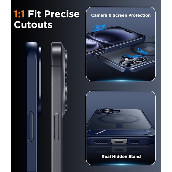 Magneettinen iPhone 16 Pro Max -kotelo, [Sisäänrakennettu näkymätön jalusta][Yhteensopiva MagSafe-tekniikan kanssa] [Sotilastason iskunkestävä] Ohut läpikuultava Blue for iPhone 16 Plus 6.7"