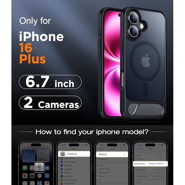 Temdan Magnetiskt Kompatibelt med iPhone 16 Pro Max Skal, [Inbyggt Osynligt Stativ][Kompatibelt med MagSafe] [Militärklass Stötsäkert] Smalt Tunnt Black Matte for iPhone 16 Plus 6.7"