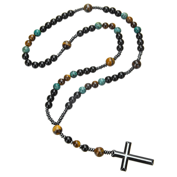 Vintage Lava Stone Tiger Eye Onyx Hematite Ristiriipus Miesten Kaulakoru Katolinen Kristuksen Ruusukko Kaulakorut Meditaatio Energia Korut A