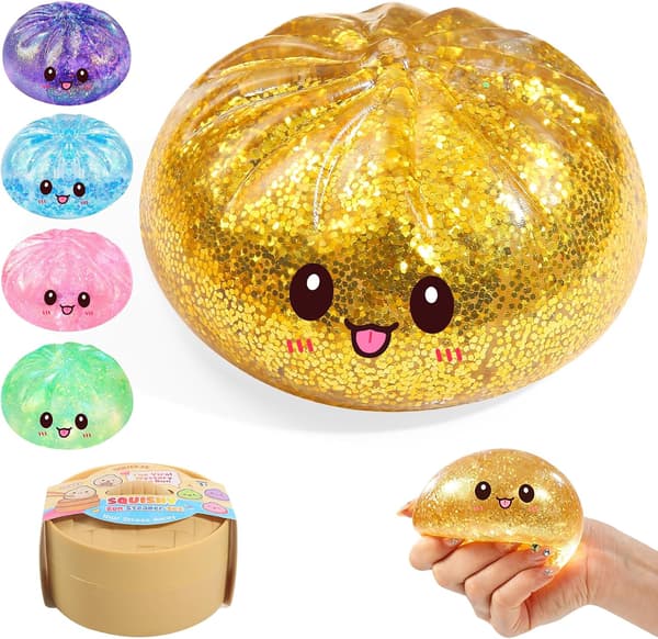 Sockerglittrande Dumpling Squishy Mystery Box, Viral Bao Bun Klämleksak, Stresslindrande Present (Guld)