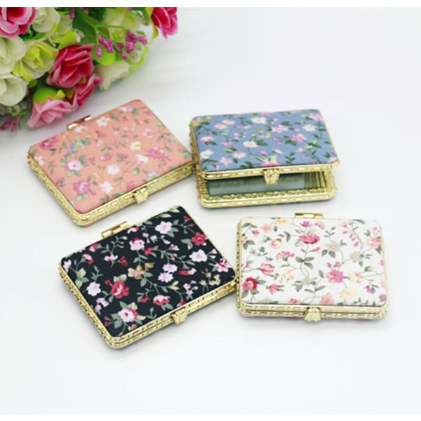 Kosmetisk spejl med print, antik kunst, retro blomsterstof, dobbeltsidet foldbar bærbar mini - Oval blå (7,5 * 5 cm)