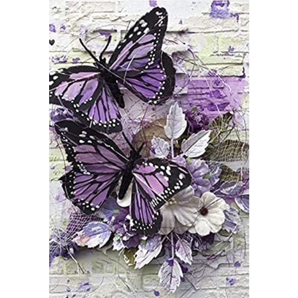 5D diamond painting, en vas full av diamanter, dekorativ målning för fjärilar och fågelblommor-Lila fjäril-（12*16 tum)