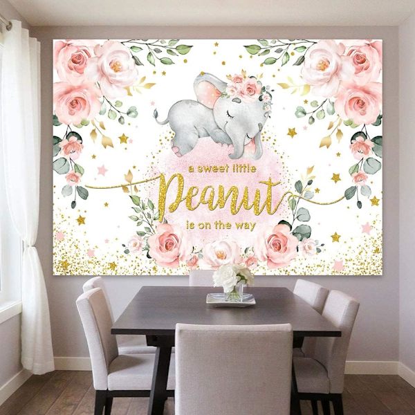 Babyflicka Elefant Baby Shower Bakgrund Rosa Blommig Söt Bakgrund Rosa Elefant Foto Banner för Festdekorationer 7x5ft