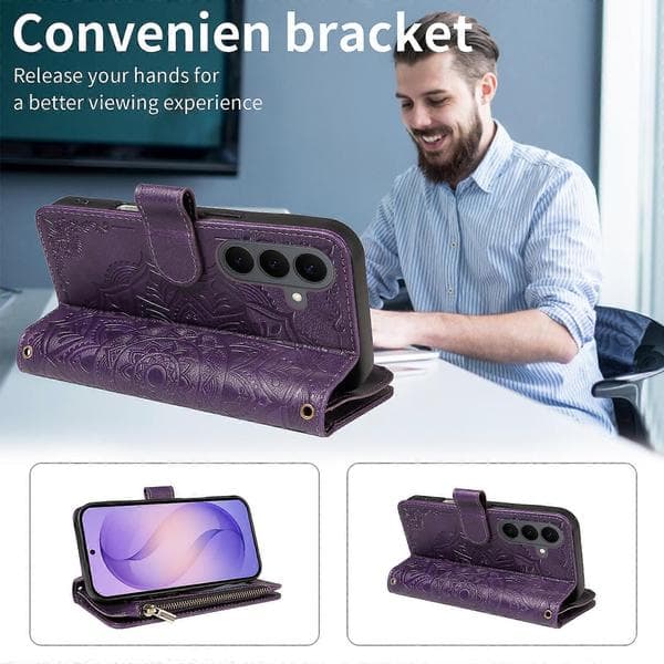 Compatible with Samsung Galaxy S26 Wallet Case Mandala Embossed Leather Flip Cover 9 Card Slots Zipper Pocket RFID Shell