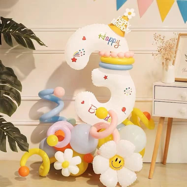 65-delad uppsättning gigantiska vita nummer 3-ballonger för 3-årsfest - 40-tums nummer 3-ballong | 3-årsballonger | 3-årsdekorationer