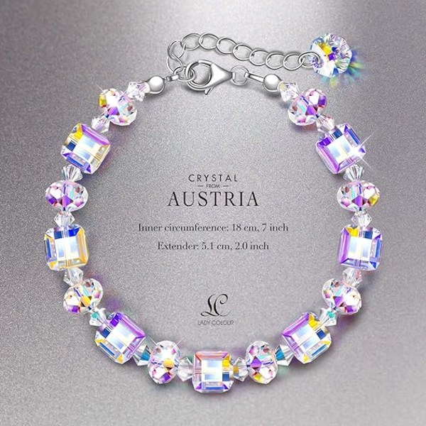 Sterling silverarmband för kvinnor Northern Lights Crystals Armband 7"+2" förlängning, förpackad med smyckeskrin