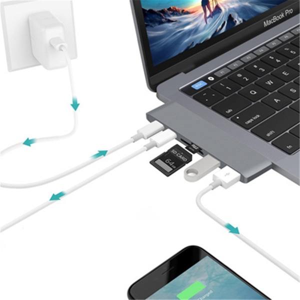 Allt-i-ett multifunktionell dubbelhuvud typ-c hub dockningsstation hub för Apple bärbara datorer med USB-C (100W PD) - grå