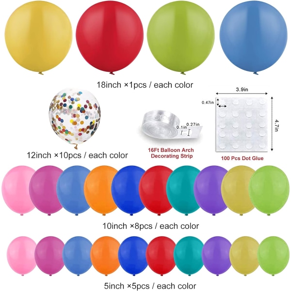 Rainbow Balloon Arch Kit, 144 st 18In 12In 10In 5In Diverse färgballonger Konfettiballonger för festdekorationer