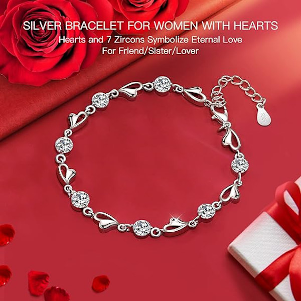 Sølv armbånd for kvinner, 925 sterling sølv hjerte armbånd vennskap armbånd krystall armbånd zirkonia justerbare dame armbånd（hvit）