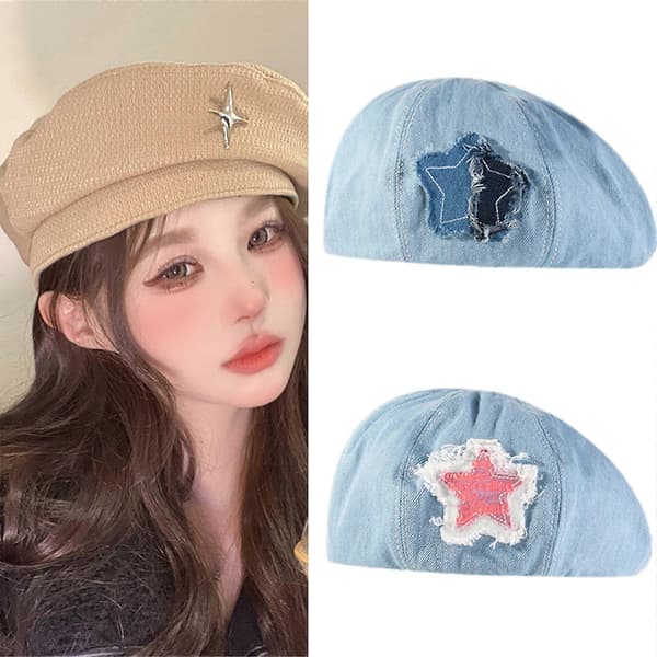 Stjerne Beret med Metal Charm Malerhat Britisk Cabbie Hat til Efterår Vinter Modehat til Daglig Brug Cabbie Hat D mørkeblå D mark dark blue