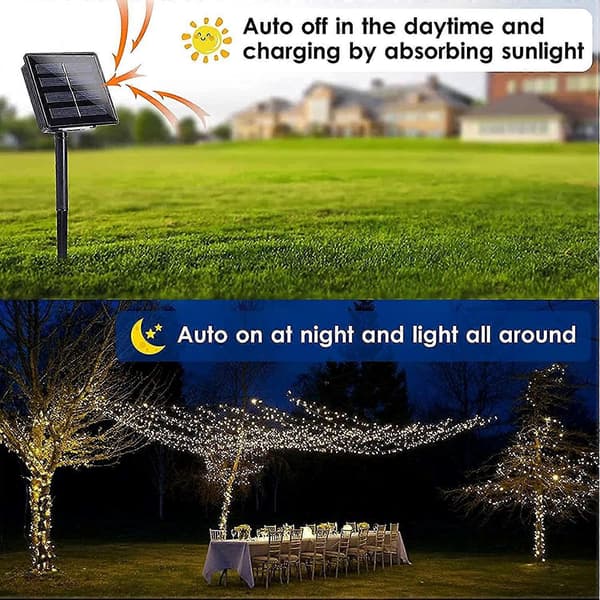 Solcellelyslenke Utendørs - 22M 200 LED Vanntett Solcelle Julelyslenke, 8 Lysmoduser Dekorative Lys for Hage, Terrasse, Gjerde, Jul