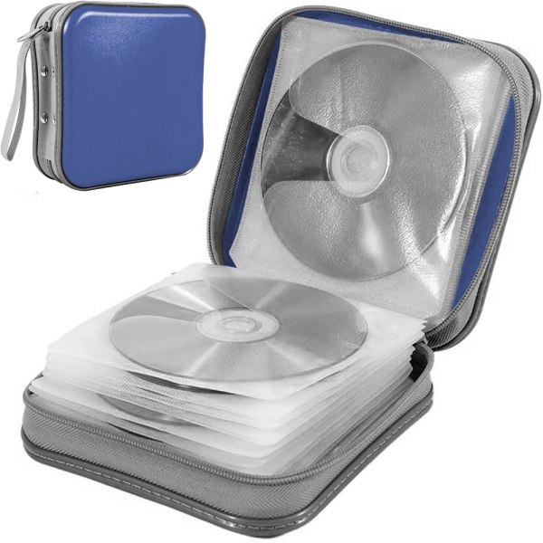 CD- case med 40 kapacitet, styvt DVD- case i plast Bärbar CD- case med dragkedja Stor förvaringsskivaplånbok Väska-blå