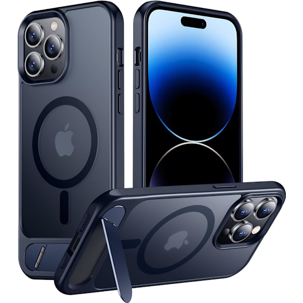 Magneettinen iPhone 16 Pro Max -kotelo, [Sisäänrakennettu näkymätön jalusta][Yhteensopiva MagSafe-tekniikan kanssa] [Sotilastason iskunkestävä] Ohut läpikuultava Blue iPhone 14 Pro Max