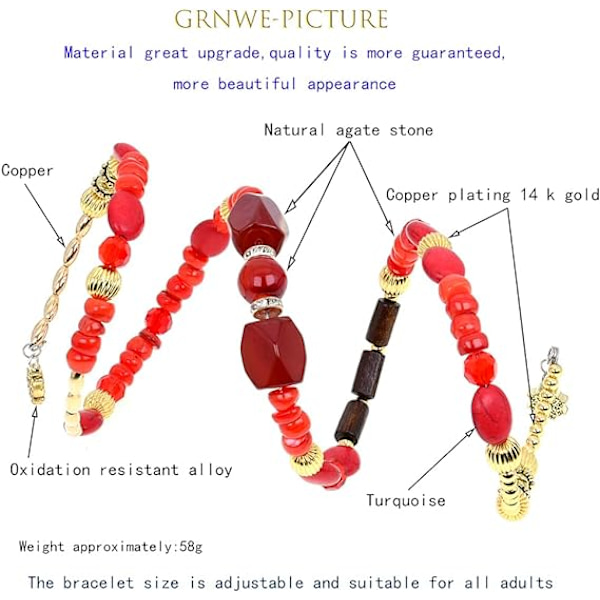 Boho Multilayer Uregelmæssige Agat Perler Charm Armbånd til Kvinder Vintage Jade Sten Mænd Armbånd Yoga Armringe Etniske Smykker（Rød）