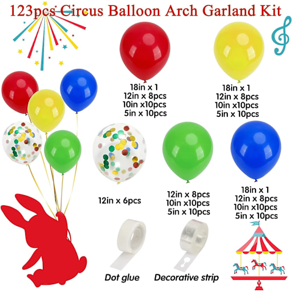 123 stk. primærfarvede balloner karneval cirkus ballonbue guirlande sæt, røde gule blå grønne balloner regnbueartikler til tema fødselsdagspynt
