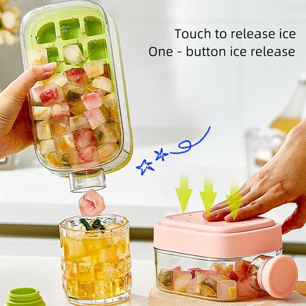 2-in-1 Ice Cube Tray with Lid and Container, Vertical Freezer Storage, Easy-Release Silicone Mold, 800ml + Straw + Strap - Green