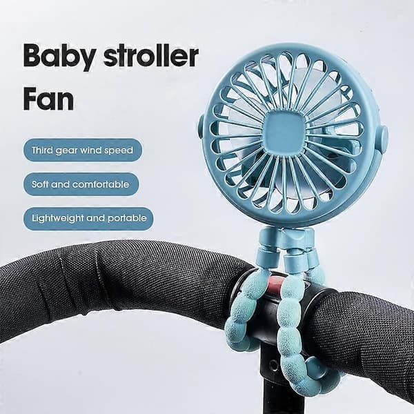 Bærbar Barnevognsventilator USB Genopladelig Mini Sammenklappelig 3 Hastigheder Justerbar Køleventilator Blue