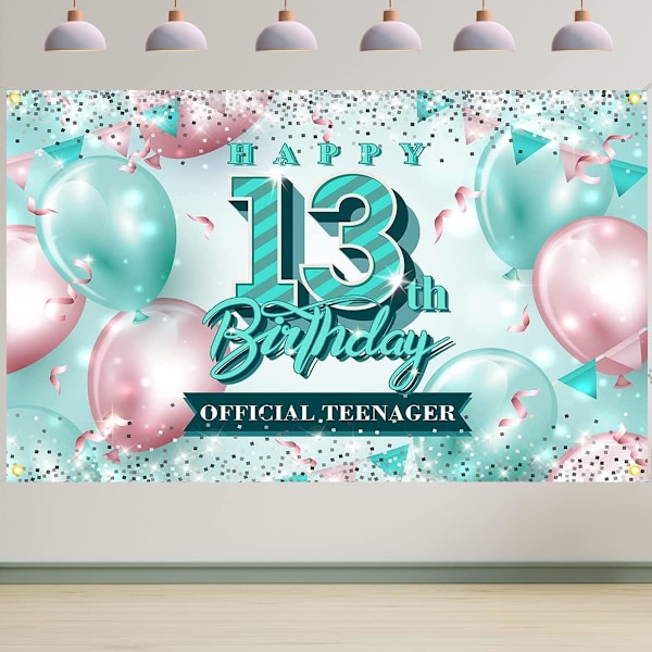 Happy 13th Birthday Baggrundsdekorationer Pink og Teal Glitter 13 År Gammel Banner til Piger Officiel Teenager Fødselsdagsfest Dekorationer Forbrugsvarer