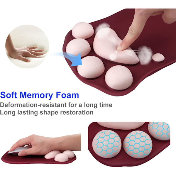 Musematte med kattepote og håndleddstøtte, bærbar ergonomisk anti-skli spillmusematte for å lindre håndleddssmerter (10,7X7,7X1,1 tommer) (Rødvin Sakura)