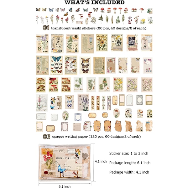 Vintage Scrapbooking Materialepakke (200 stk.) til Trash Journaling Bullet Journaling Planner Botanisk Papir Sticker Craft Kit Æstetisk