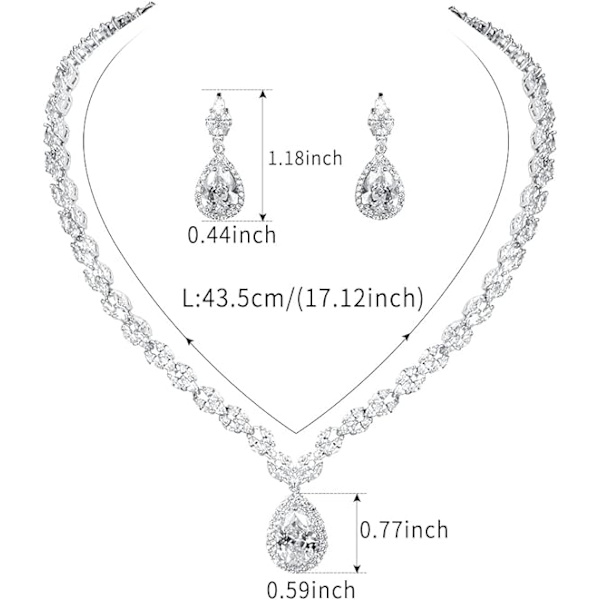 Hvidguld/Guldbelagt Dame Kubisk Zirkonia CZ Marquise Teardrop Brude Tennis Halskæde og Drop Øreringe Sæt til Bryllup Brud
