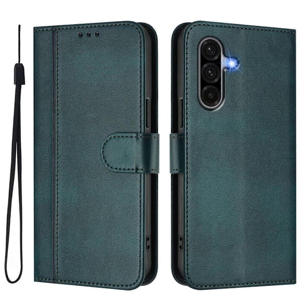 Plånboksfodral med stativ i retrotexturläder för Samsung Galaxy A56 med snodd (mörkgrön)