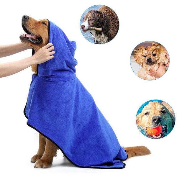 Blød og superabsorberende hundebadekåbe i mikrofiber med hætte/bælte til store, mellemstore hunde - Blå - M