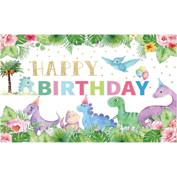 Cartoon Dinosaurie Tema Bakgrund Safari Djungel Träd Blommor Guld Prickig Bakgrund för Pojkar Flickor Glad 1:a Födelsedagsfest Dekor