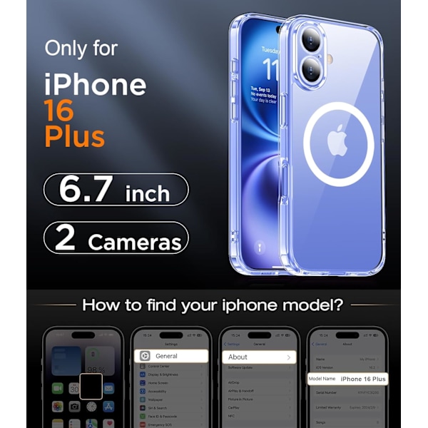 Magneettinen iPhone 16 Pro Max -kotelo, [Sisäänrakennettu näkymätön jalusta][Yhteensopiva MagSafe-tekniikan kanssa] [Sotilastason iskunkestävä] Ohut läpikuultava Clear-Stand for iPhone 16 Plus 6.7"