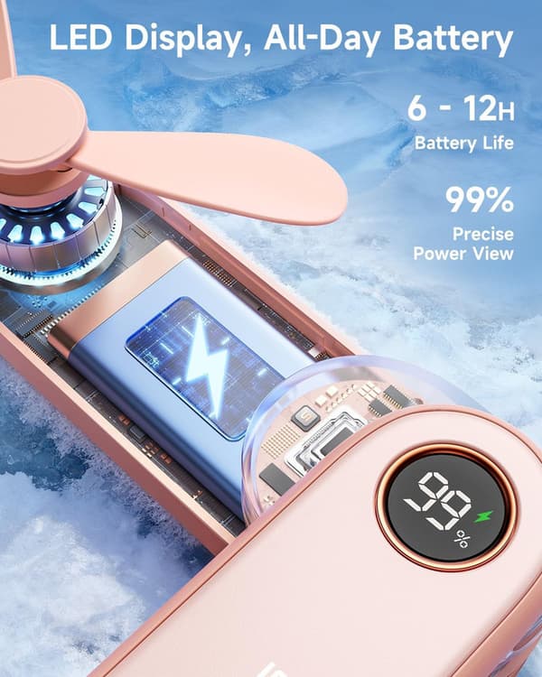 Sød bærbar håndventilator til kvinder, mini lommeventilator med LED-display, 3-i-1 USB genopladelig ventilator med lommelygte og foldbart design Sky blue