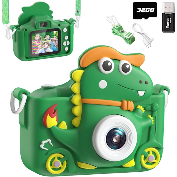 Dinosaur kamera, børnekamera med 2-tommers skærm, 1080P, 32GB børne-selfiekamera, egnet til alle børn i alderen 3-12 år, drenge eller piger Green