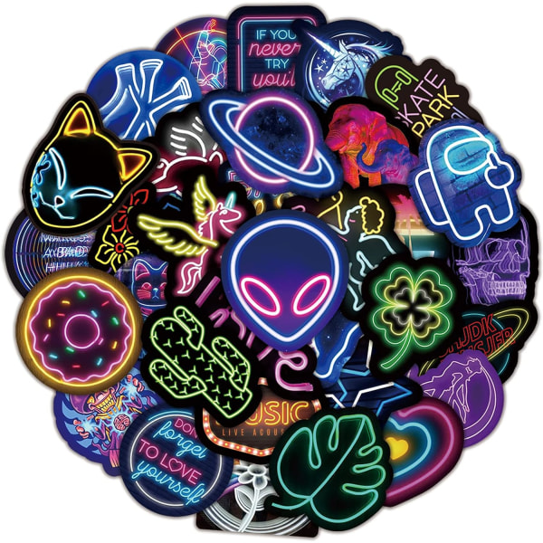100 st coola neonljusdekaler för barn tonåringar Vuxna, trendiga graffiti vattentät vinyl neon klistermärken för vattenflaska, gitarr skateboard