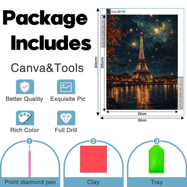 DIY Landscape Series, Eiffel Tower Pattern Full Diamond Art Painting Kit Under Full Moon Illumination, Adult Beginner, Home Wall Decoration