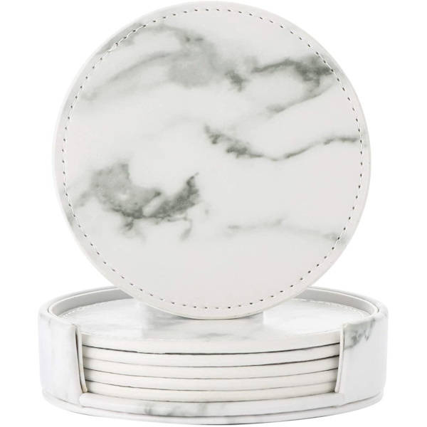 Coasters 6-pack PU Leather Marble White 214