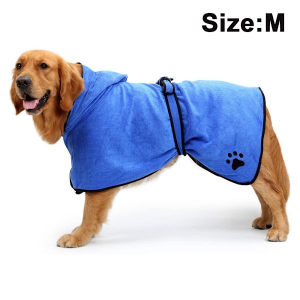 Blød og superabsorberende hundebadekåbe i mikrofiber med hætte/bælte til store, mellemstore hunde - Blå - M