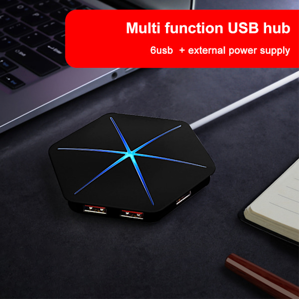 USB Hub Vertikal Data Hub med Langt Kabel - 6 Porte USB Forlængerkabel Ekstra USB Porte-Sort (blåt lys uden OTG-funktion)