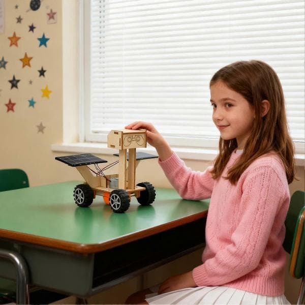 Solar Robot Kit with Solar Powered Motor, Wooden Car Model, DIY Science Experiment Toy for Kids