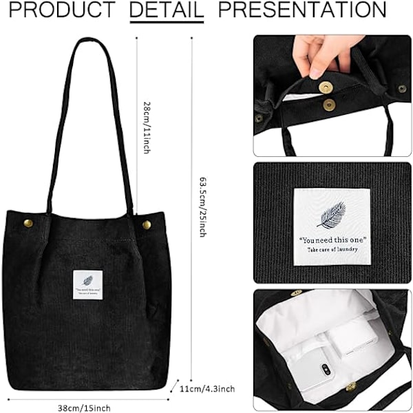 Kordväv Tote Bag för kvinnor Canvas Axelväska med innerficka