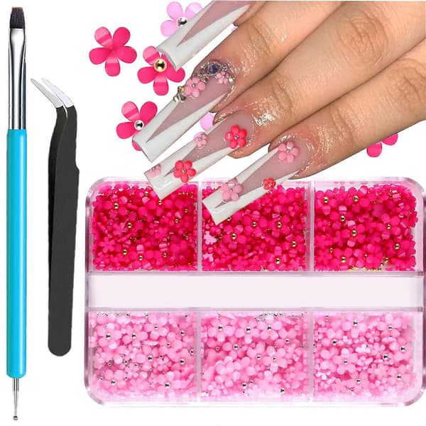 3D Blomster Nail Art Berlocker med Strass och Pärlor för Vår Sommar DIY Blommig Nageldesign
