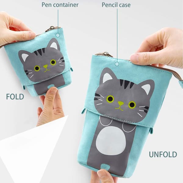 Practical Cosmetic Organizer, Customizable Canvas Material, Cute Cat-Themed Pencil Case, Standing Pencil Pouch with Telescopic Design and Zipper