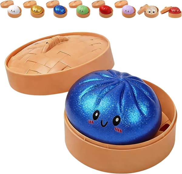 Squishy Dumpling Lysende Stressaflastende Legetøj med Damperboks til Børn/Voksne, Sensorisk Plyslegetøj til Kontor/Hjem (Glittereffekt) (Blå)