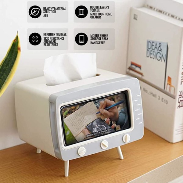 Retro TV-formad servettbehållare med telefonhållare, multifunktionell servettbehållare för kök, sovrum, kontor, vardagsrum, badrum, grå