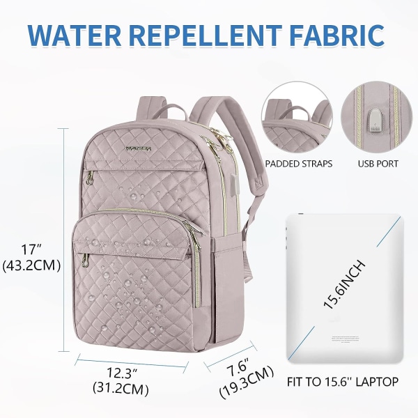 Laptopryggsäck för kvinnor 15,6 tums snygg dagsäck med USB -laddningsport, vattenavvisande nylon för resor/affärer, dammig rosa