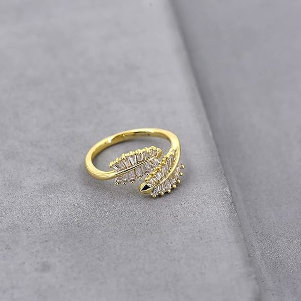 18K Guldpläterad CZ Öppen Ring Dubbla Blad Wrap Ringar Justerbar | CZ Staplingsring i Guld | Unik Statement Ring Cocktail Party Ring Hypoallergen