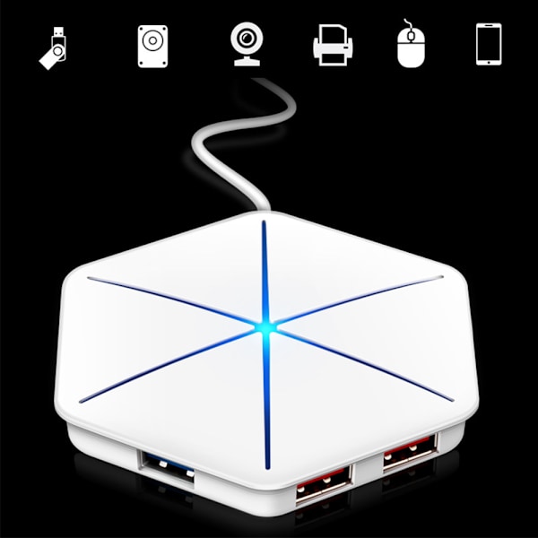 USB-keskitin, pystysuora datakeskitin pitkällä kaapelilla - 6 portin USB-jatkokaapeli, ylimääräiset USB-portit - valkoinen (värikäs hehku ilman OTG-toimintoa)